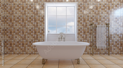 Modern bathroom with large window. 3D rendering.