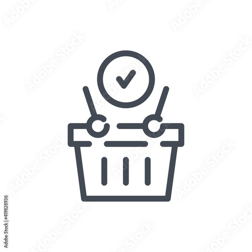 Shopping basket with tick line icon. Product purchase and Checkout vector outline sign.