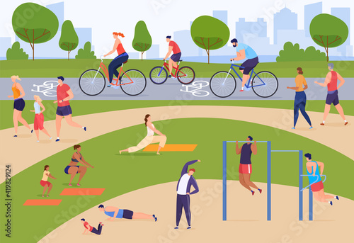 People are actively spending time. Playing sports in the park, jogging, cycling, sports grounds. Colorful vector illustration in flat cartoon style.