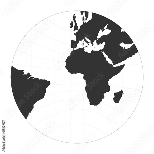 Map of The World. Gnomonic projection. Globe with latitude and longitude net. World map on meridians and parallels background. Vector illustration.