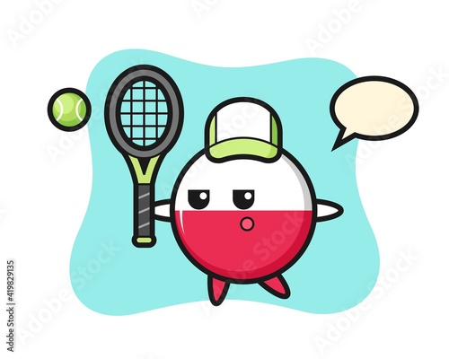 Cartoon character of poland flag badge as a tennis player