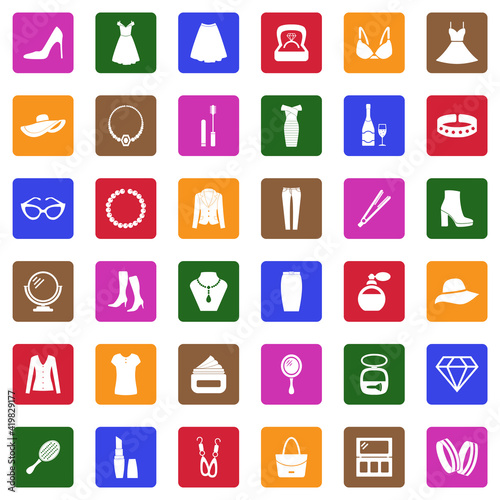 Woman Accessories Icons. White Flat Design In Square. Vector Illustration.