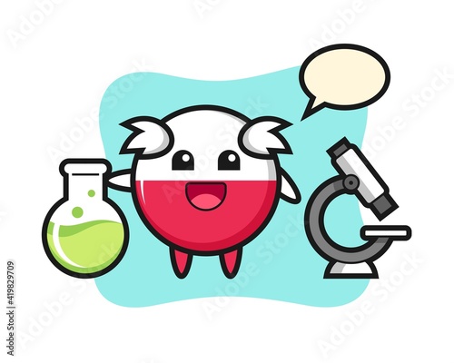 Mascot character of poland flag badge as a scientist