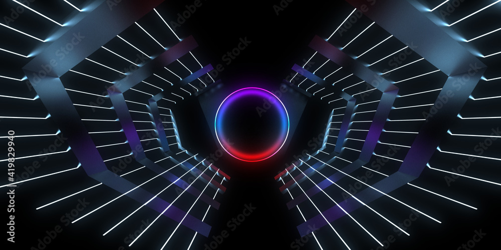 Obraz premium 3D abstract background with neon lights. neon tunnel .space construction . 3d illustration