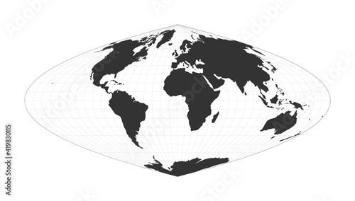 Map of the World. Craster parabolic projection. Globe with latitude and longitude net. World map on meridians and parallels background. Vector illustration.