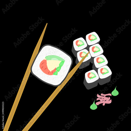 Traditional japanese food sushi with wasabi and ginger and wooden chopsticks on black background