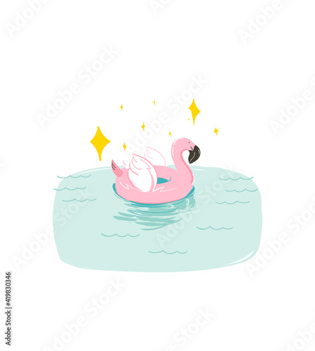 Hand drawn vector abstract fun summer time illustration card with swimming pink flamingo float circle in blue ocean waves isolated on white background