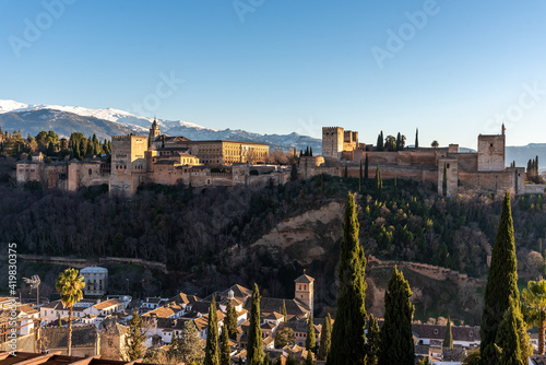 View of arabic fortress Alhambra at the evening in Granada, Spain