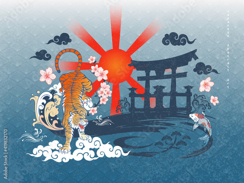 Japanese Scene Abstract Art Tiger Climbing Down on the Clouds with Water Splash Icon on Stroke Brush River with Torii Gate Silhouette Dark Blue with Carp Fish Jumping from Diamond Pattern Background