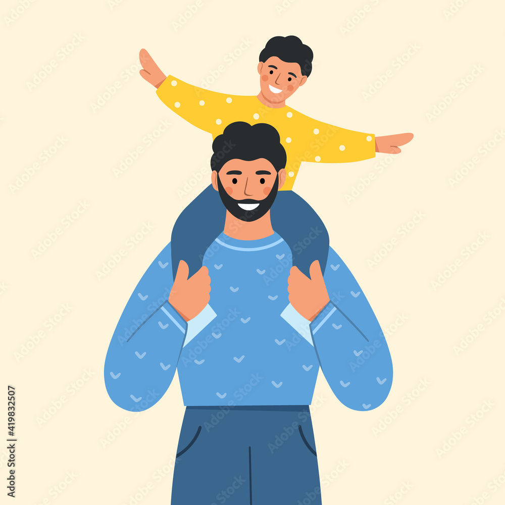 Happy dad holding his cute child on shoulders. Father and son spend time together. Father's day. Modern design for greeting card, poster, print. Flat vector illustration. Happy dad holding his cute child on shoulders. Father and son spend time together. Father's day. Modern design for greeting card, poster, print. Flat vector illustration.