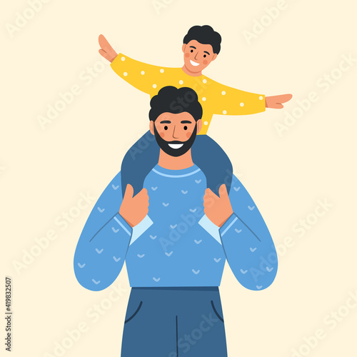 Happy dad holding his cute child on shoulders. Father and son spend time together. Father's day. Modern design for greeting card, poster, print. Flat vector illustration.