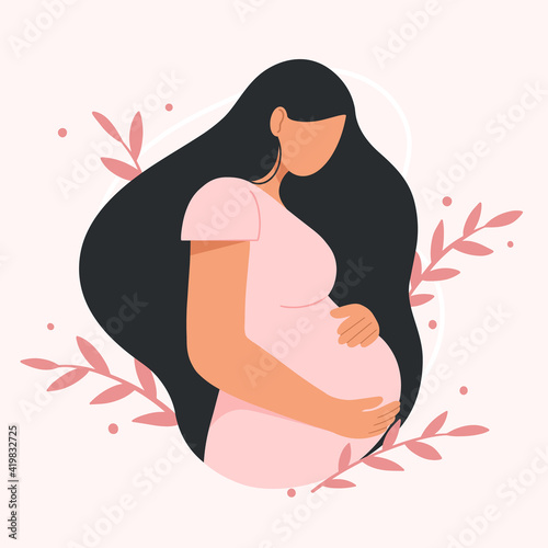 Portrait of beautiful young pregnant woman. Concept of pregnancy and motherhood. Flat vector illustration. photo