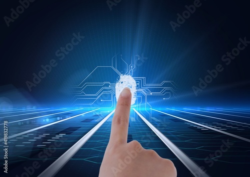 Human finger scanning over biometric scanner against microprocessor connections on blue background