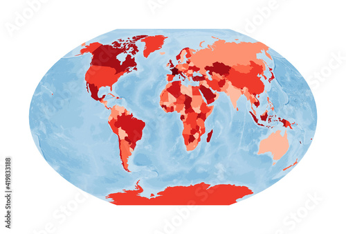 World map. Winkel tripel projection. World in red colors with blue ocean. Vector illustration.