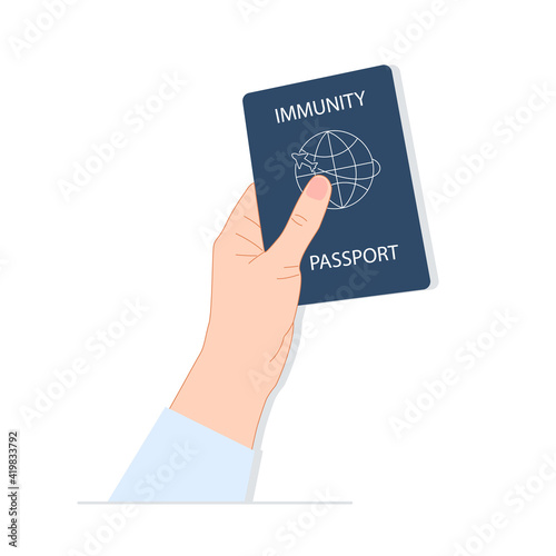 Hand holds a vaccination passport. Vaccination, negative result of coronavirus, vaccination document. Flat style. Vector