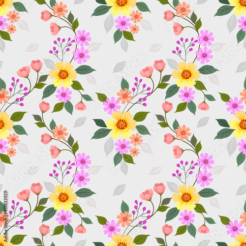 Seamless retro floral pattern  cute flowers  and leaves on a grey background.