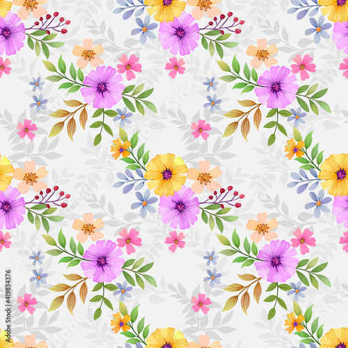 Seamless retro floral pattern  cute flowers  and leaves on a grey background.