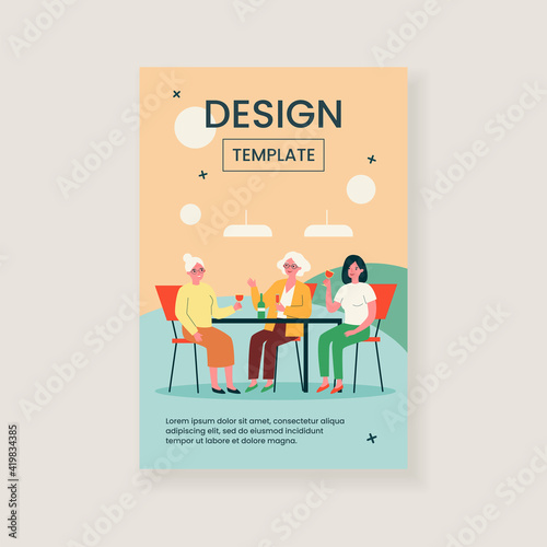 Young and senior women drinking wine in cafe. Family meeting, girls party flat vector illustration. Togetherness, generation, celebration concept for banner, website design or landing web page