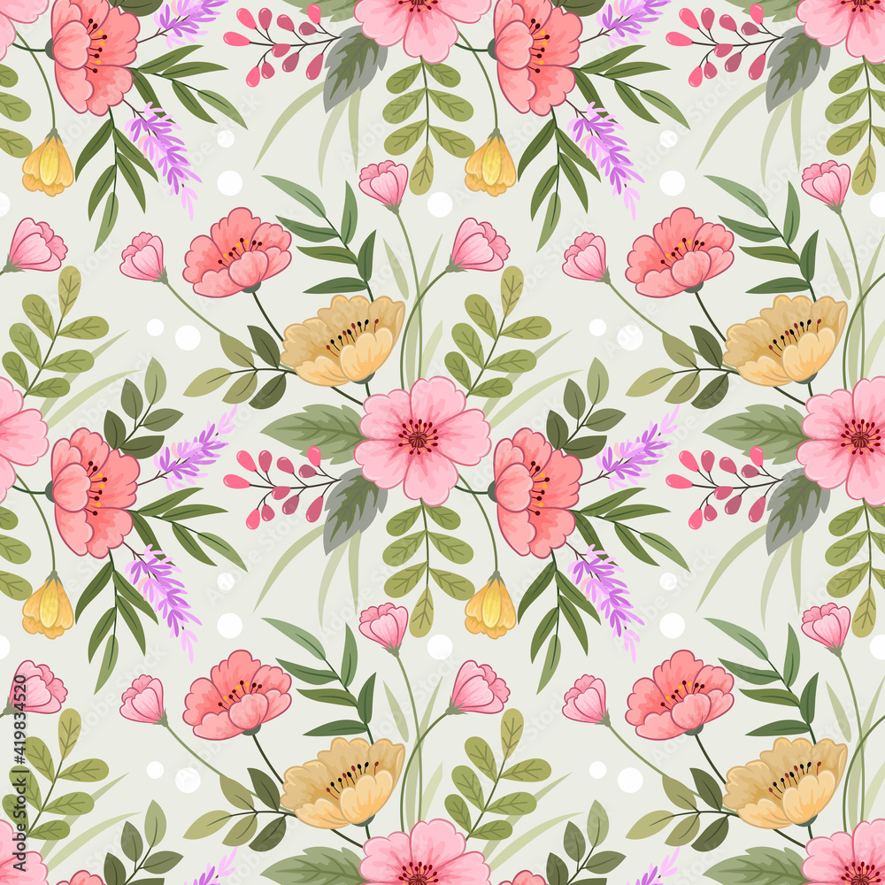 Seamless retro floral pattern, cute flowers, and leaves on a grey background.