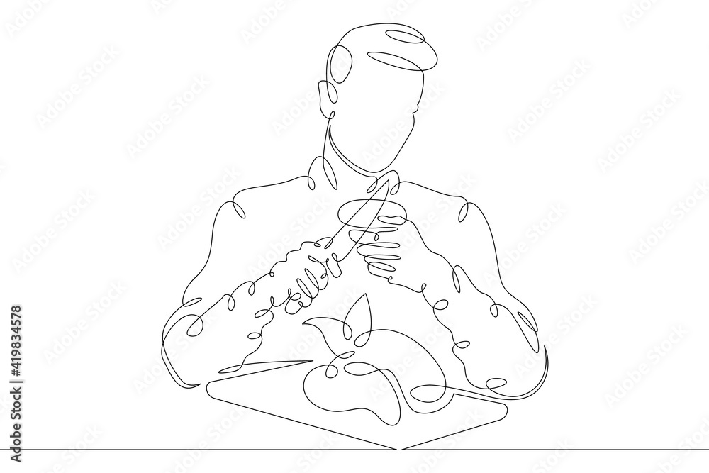 Teenager preparing and eating food.Man eating. Portrait of the character of the food. One continuous drawing line  logo single hand drawn art doodle isolated minimal illustration.
