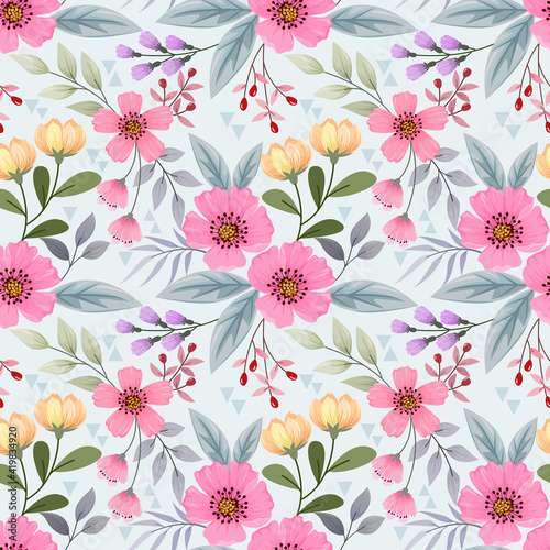 Seamless retro floral pattern, cute flowers, and leaves on a grey background.