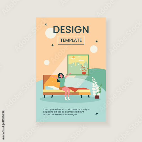 Happy young woman awakening at morning isolated flat vector illustration. Cartoon female character in bed getting up. Comfort, home, guest and bedroom concept