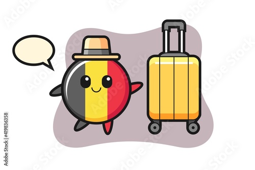 Belgium flag badge cartoon illustration with luggage on vacation