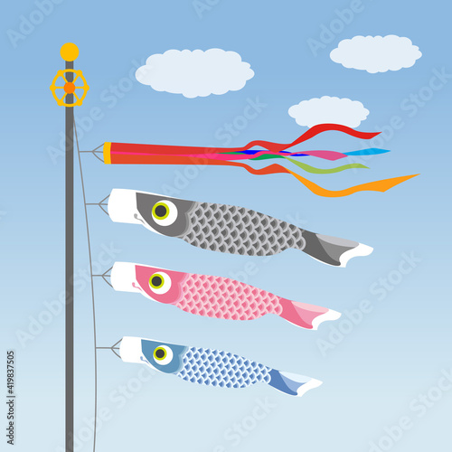 イラスト素材: 5月こどもの日　青空の鯉のぼり　主線なし
