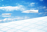 Freedom concept. View from the porthole of a paper plane to the sky with other paper planes. 3d illustration.