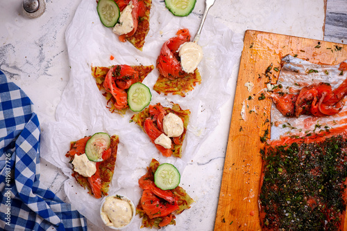 Gravlax on potato pancakes.style rustic photo