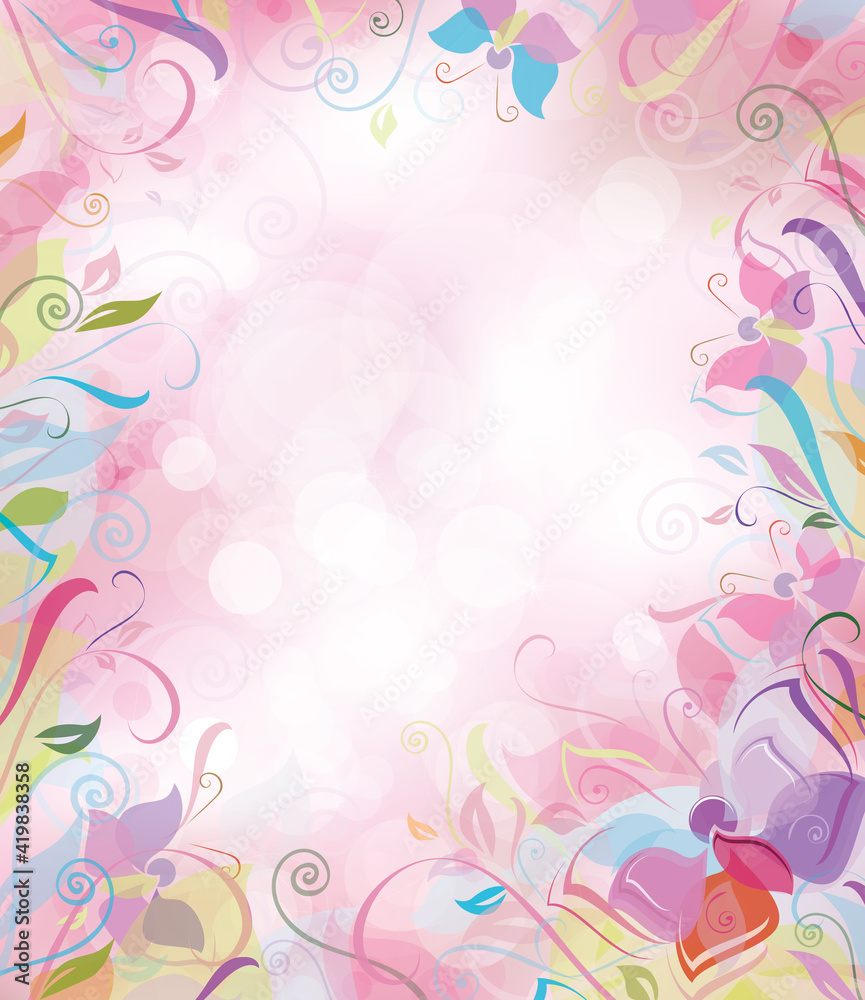 Vector pink bokeh background, flora and butterflies.