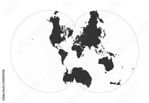 Map of the World. Eisenlohr conformal projection. Globe with latitude and longitude net. World map on meridians and parallels background. Vector illustration.