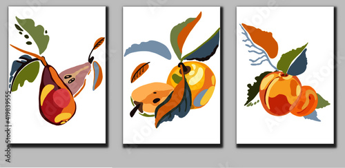 Vector fruits illustration. pears, apples, apricots, for summer art cards, brochure covers, invitations, wallpapers, canvas prints and posters.