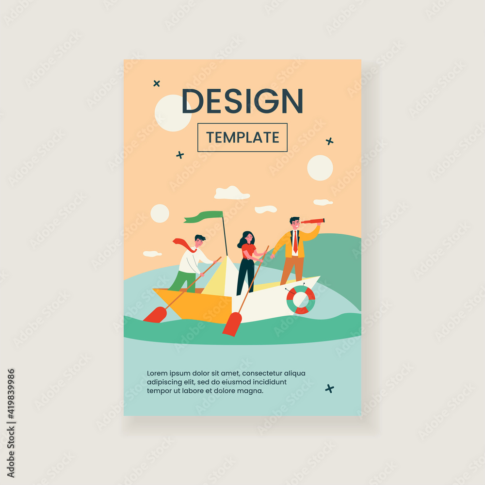 Business leader with spyglass leading his team in ocean. Team of employee with paddles sailing paper boat. Vector illustration for journey, success, goal, strategy, teamwork concepts Business leader with spyglass leading his team in ocean. Team of employee with paddles sailing paper boat. Vector illustration for journey, success, goal, strategy, teamwork concepts