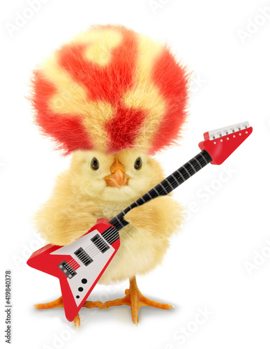 Fotografie Cute cool chick musician with crazy red yellow hair and electric guitar funny co