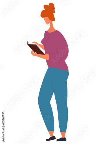 A woman in a tense pose reads a book. A person with red hair stands with a book in his hands. Vector isolated on white, style is flat.