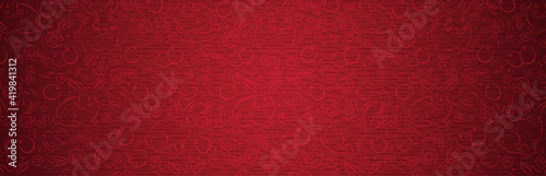 Red Easter banner with color eggs with flowers, rabbits and chickens. Easter Day holiday design. Horizontal background, headers, posters, cards, website. Vector illustration.