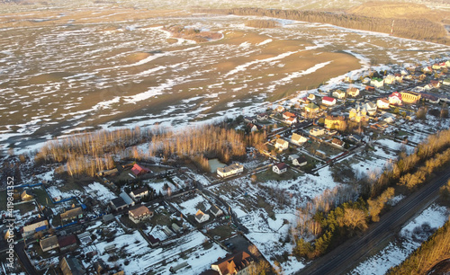 Photography Top view of a spring agricultural field at sunset
