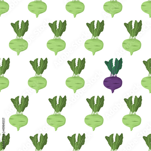 Cartoon seamless pattern for paper design with green kohlrabi root with green leaf. Eye catching element - purple vegetable.
