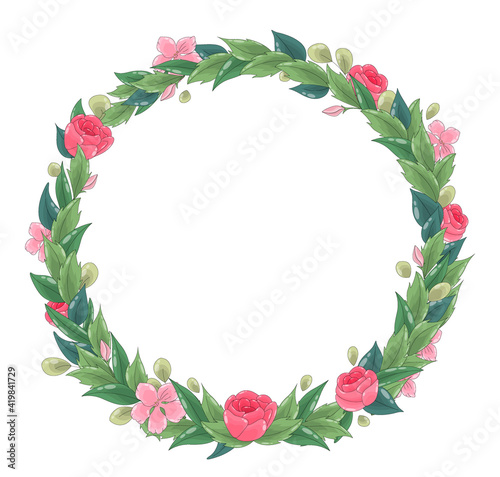 Vector floral wreath. Ornate leaf frame with roses and pink flowers.