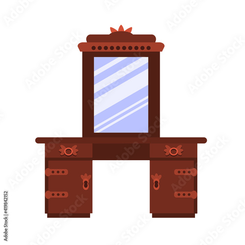 Single antique dressing table in a flat cartoon style. Vector  of vintage furniture for bedroom and living room.  The vector illustration is isolated on a white background.
