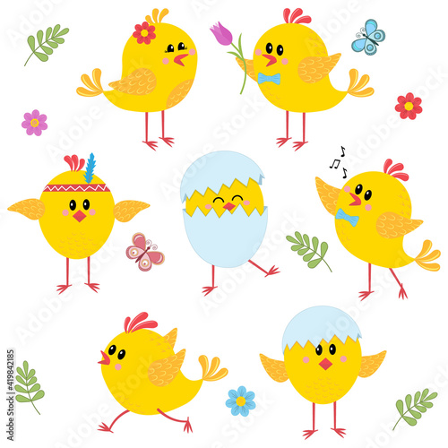 chicken clip art set isolated on white background, color vector illustration