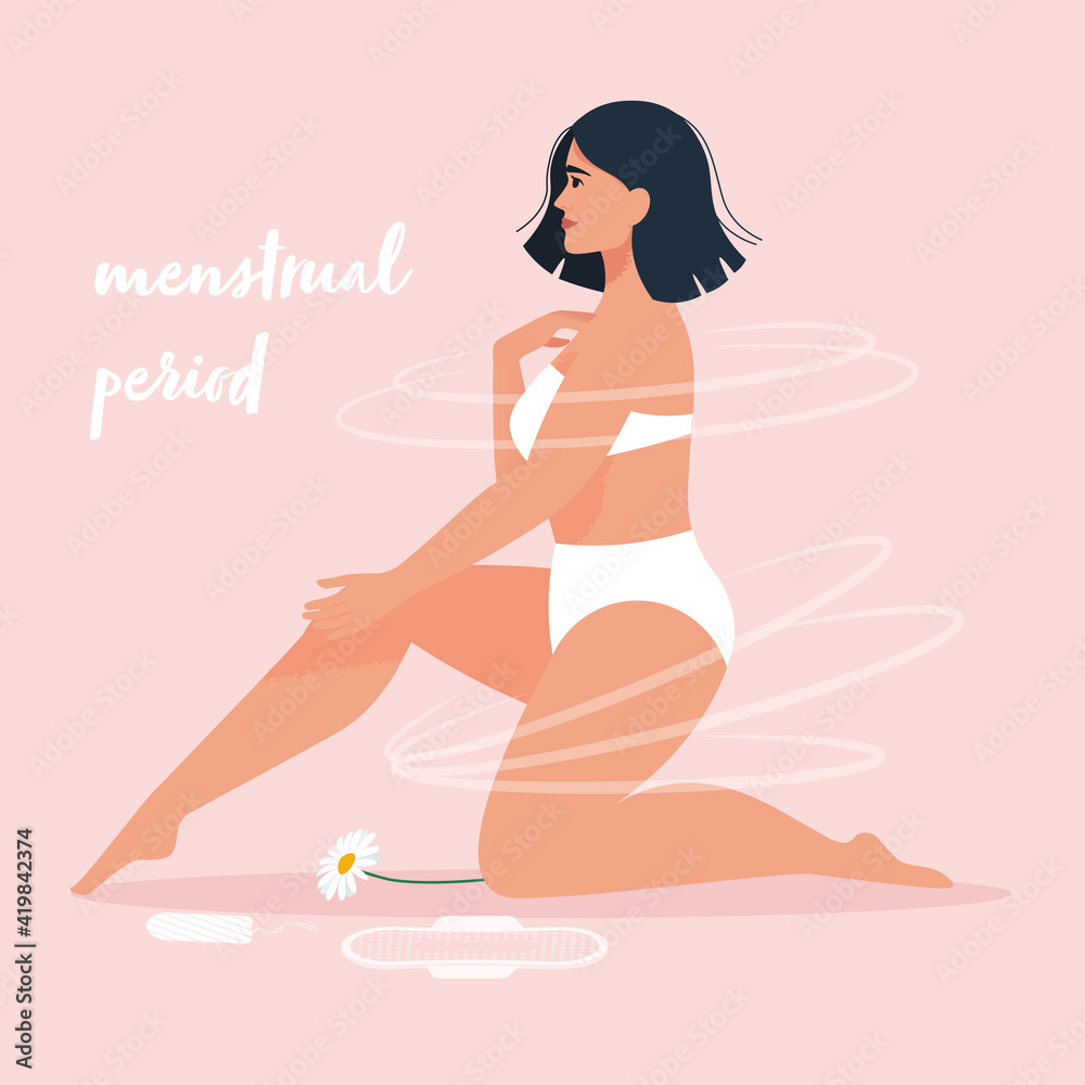 Menstruation theme. Feminine hygiene. Happy young woman in lingerie in the menstrual period. Vector illustration Menstruation theme. Feminine hygiene. Happy young woman in lingerie in the menstrual period. Vector illustration