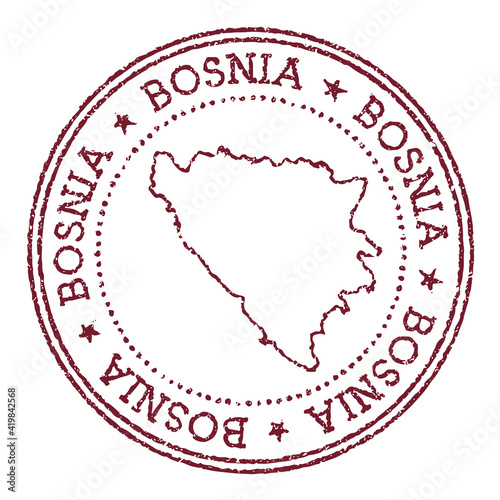 Bosnia round rubber stamp with country map. Vintage red passport stamp with circular text and stars, vector illustration.