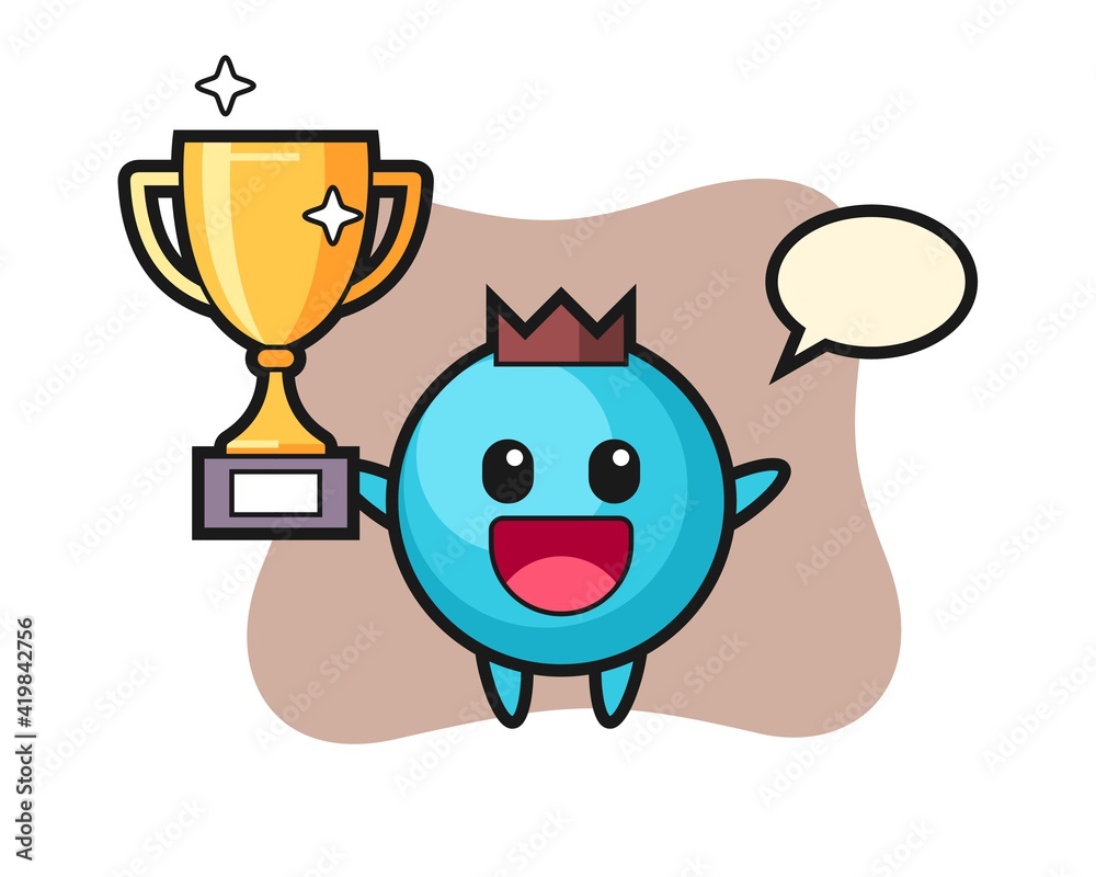 Cartoon illustration of blueberry is happy holding up the golden trophy