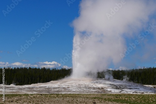 Eruption Old Faithful geyser at Yellowstone National Park, Wyoming, United States