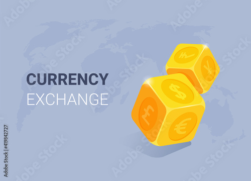 isometric vector illustration on gray background, lendin currency exchange, gold dice with foreign currency icons and world map