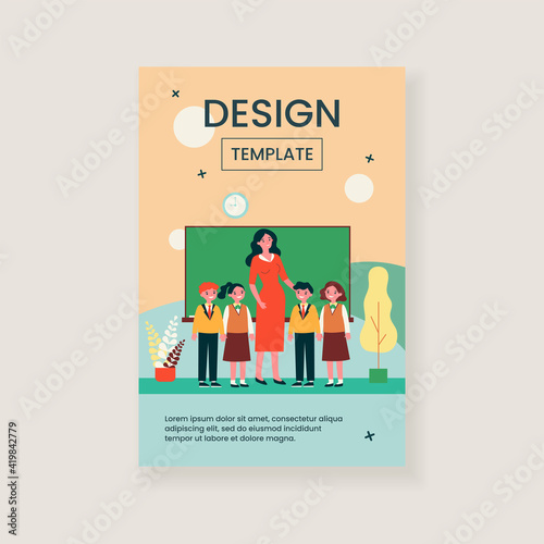 Happy children and teacher standing together in classroom. Class, classmates, pupils flat vector illustration. Primary school, education concept for banner, website design or landing web page