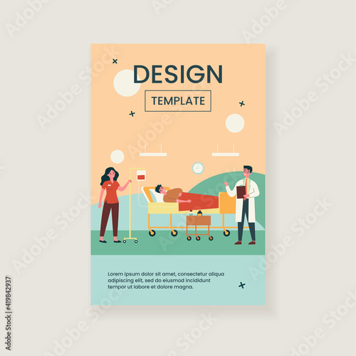 Patient in bed getting intensive therapy in hospital room isolated flat vector illustration. Doctor and nurse with dropper giving medical care. Healthcare and treatment concept