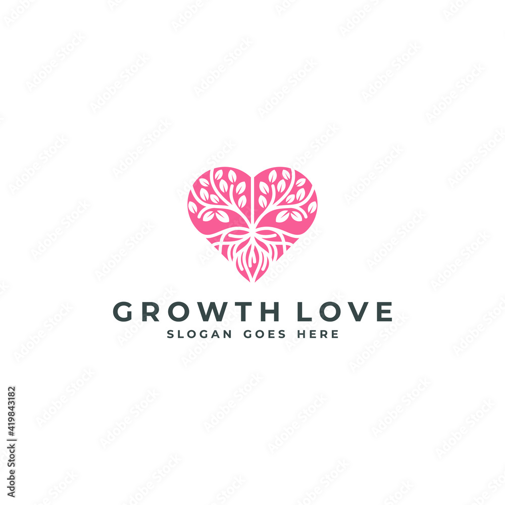 growth love logo template. Nature heart icon logotype. leaf design vector